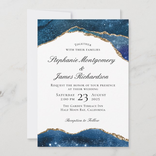 Invitación Elegante boda de ágata con lámina de oro azul (Anverso)