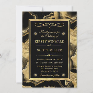Invitación Elegante boda de ágata con lámina negra y brillo d