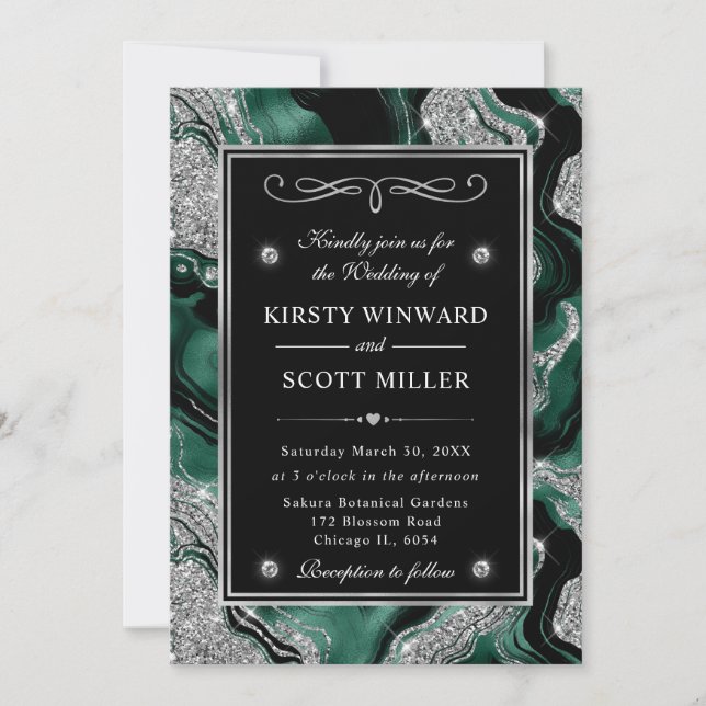 Invitación Elegante boda de ágata con papel de aluminio verde (Anverso)