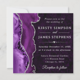 Invitación Elegante boda de ágata con purpurina de plata y pú