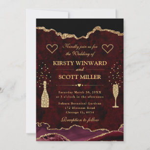 Invitación Elegante Boda de Agata Falsa Brillante Rojo y Dora