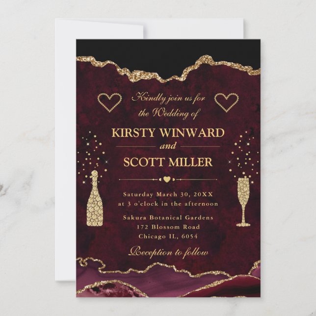Invitación Elegante Boda de Agata Falsa Brillante Rojo y Dora (Anverso)