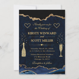 Invitación Elegante boda de ágata falsa de azul y oro