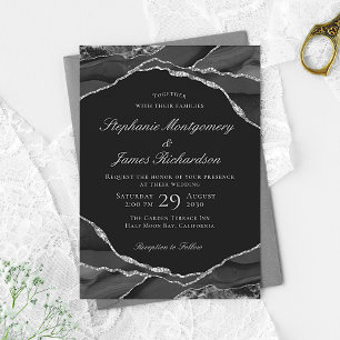 Invitación Elegante Boda de Agata Negra con Hoja de Plata