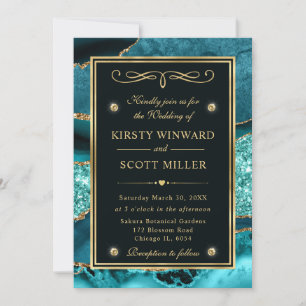 Invitación Elegante boda de ágata oceánica con brillo de turq