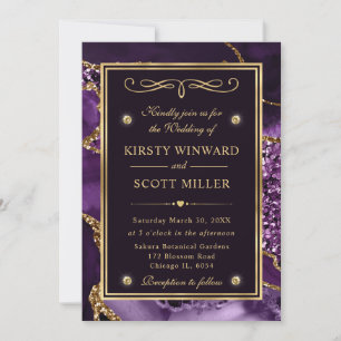 Invitación Elegante boda de ágata oceánica con brillo púrpura