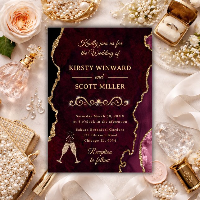 Invitación Elegante boda de ágata y oro de Borgoña (Subido por el creador)
