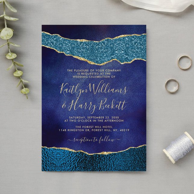 Invitación Elegante Boda de Agate Azul y Oro de la Marina (Subido por el creador)