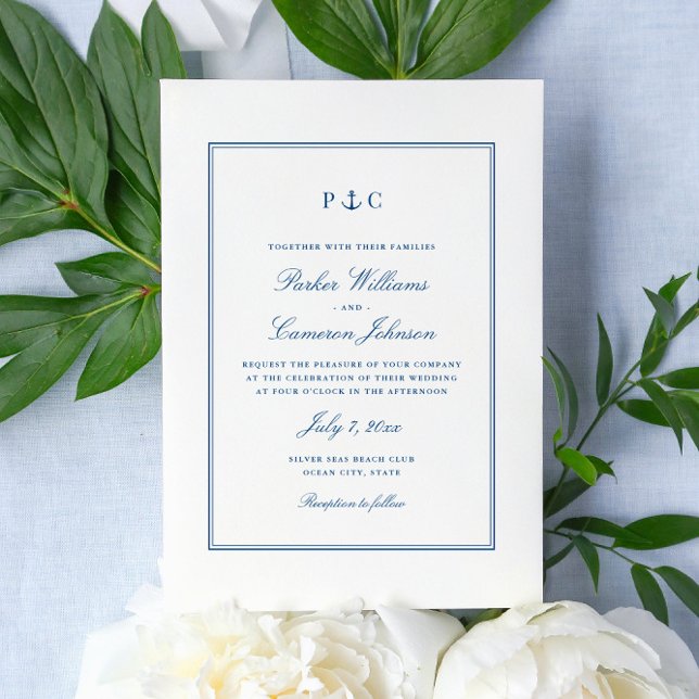 Invitación Elegante Boda de Ancla Azul de la Marina Náutica (This elegant anchor monogram wedding invitation matches the Coastal Map Designs Save the dates)