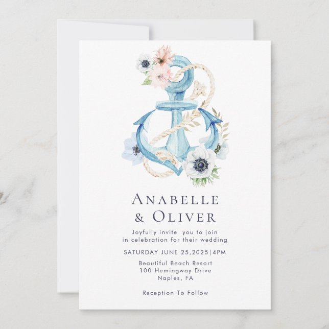 Invitación Elegante Boda de Ancla Floral Náutica (Anverso)