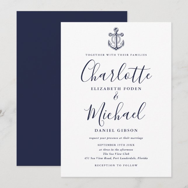 Invitación Elegante Boda de Ancla Náutica de la Marina Azul c (Anverso / Reverso)