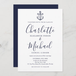 Invitación Elegante Boda de Ancla Náutica de la Marina Azul c