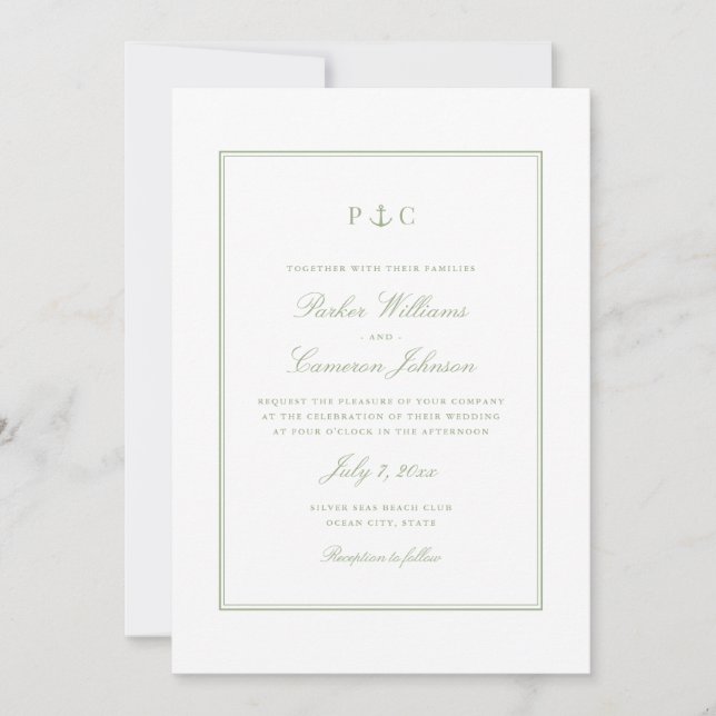 Invitación Elegante Boda de Anclaje Verde Náutico (Anverso)