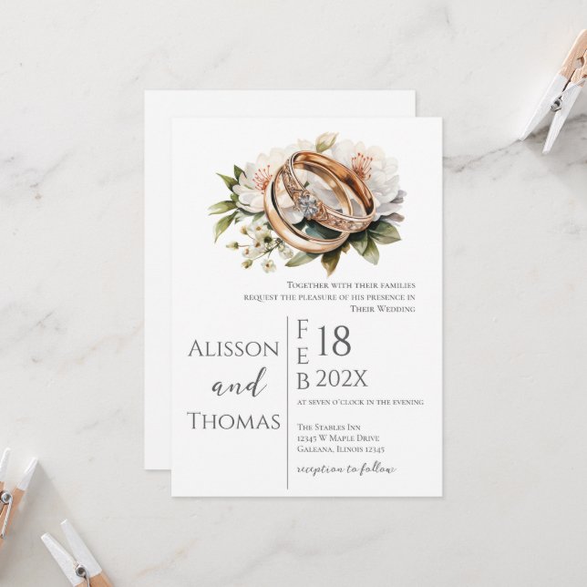 Invitación Elegante Boda de Anillos Florales (Anverso/Reverso In Situ)