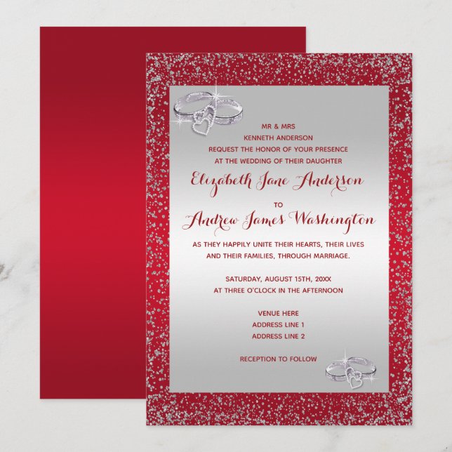Invitación Elegante Boda de anillos Purpurina y Boda de diama (Anverso / Reverso)