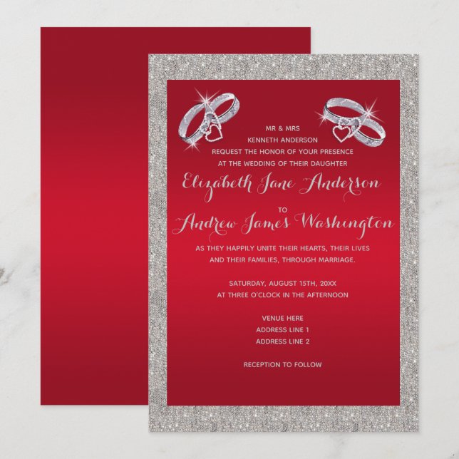 Invitación Elegante Boda de Anillos Rojos y Plata Sparkly Rub (Anverso / Reverso)