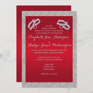 Invitación Elegante Boda de Anillos Rojos y Plata Sparkly Rub
