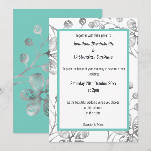INVITACIÓN ELEGANTE BODA DE AQUA BLANCA GRIS DE PLATA BOTÁNIC (Anverso / Reverso)