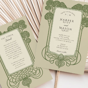 Invitación Elegante Boda de Árbol Art Déco en Verde Salvia