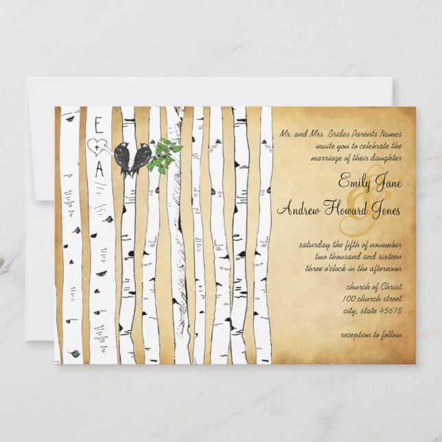 Invitación Elegante Boda de árbol de birch con encanto de oro (Anverso)