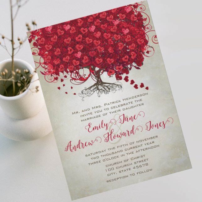 Invitación Elegante Boda de árbol de hojas de corazón rojo de (Subido por el creador)