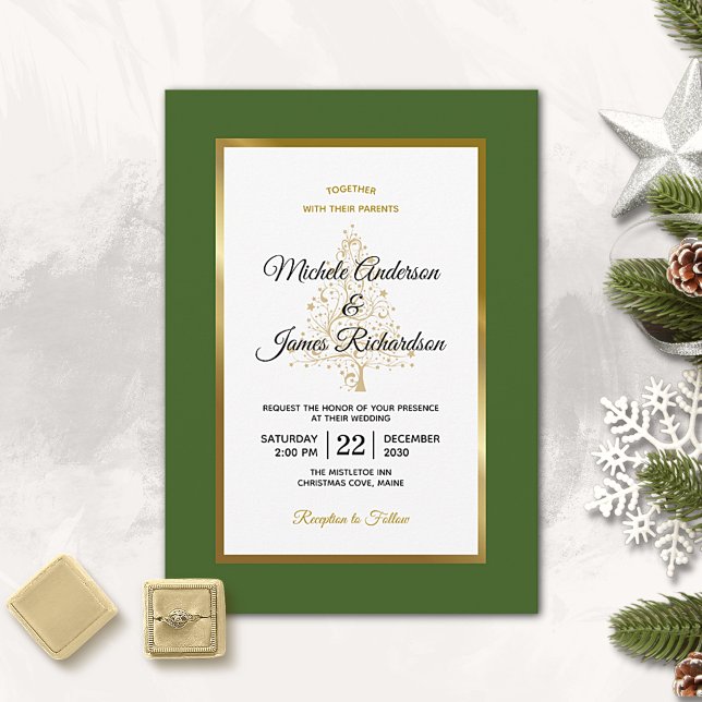 Invitación Elegante Boda de árbol de navidad de oro verde del (Subido por el creador)