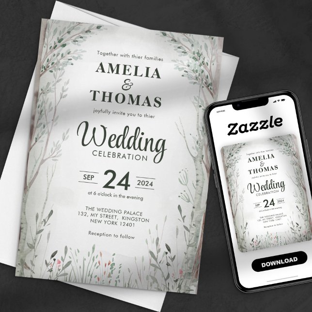 Invitación Elegante Boda de Árbol Forestal Encantado de Acuar (Subido por el creador)