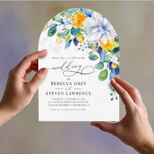 Invitación Elegante boda de arco azul blanco amarillo floral