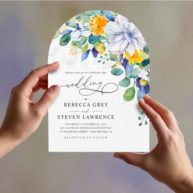 Invitación Elegante boda de arco azul blanco amarillo floral (Subido por el creador)