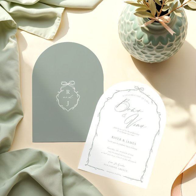 Invitación Elegante Boda de arco de cinta verde dibujado a ma (Elegant Hand Drawn Green Bow & Ribbon Arch Wedding Invitation)