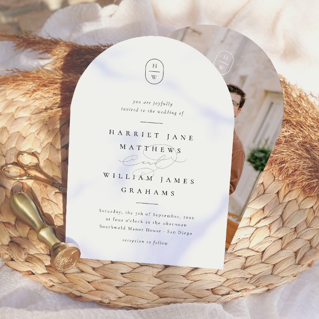 Invitación Elegante Boda de Arco de Fotografía en Blanco y Ne (Card Front & Back Mock-up)