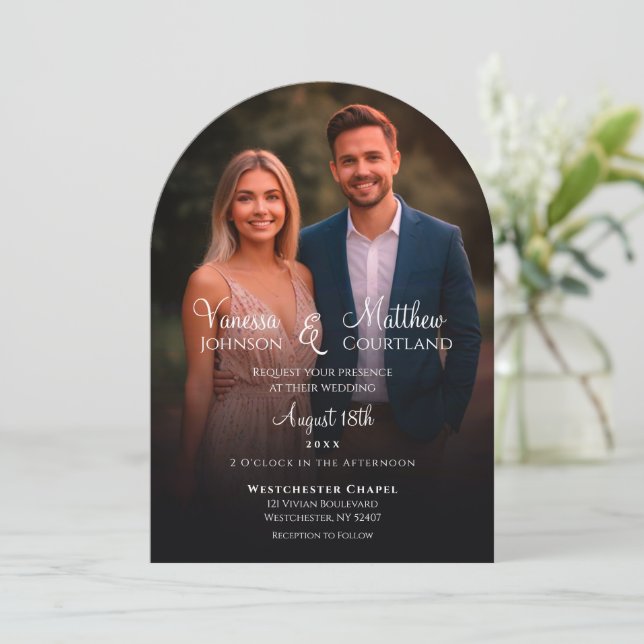 Invitación Elegante Boda de Arco de Fotografía Moderno Blanco (Anverso de pie)