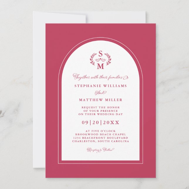 Invitación Elegante Boda de arco Escudo de caligrafía magenta (Anverso)