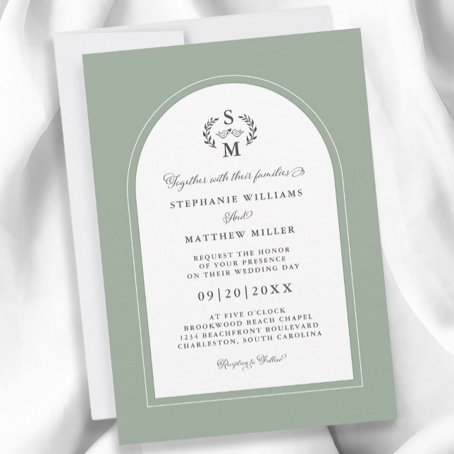 Invitación Elegante Boda de arco Escudo de caligrafía verde s (Elegant Sage Green Calligraphy Crest Arch Wedding Invitation)