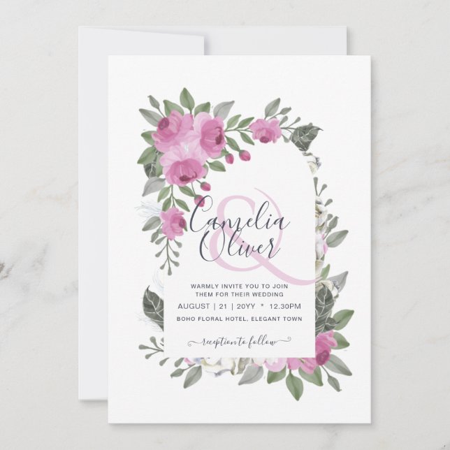 Invitación Elegante Boda de arco floral de Cerise Rosa de Rub (Anverso)