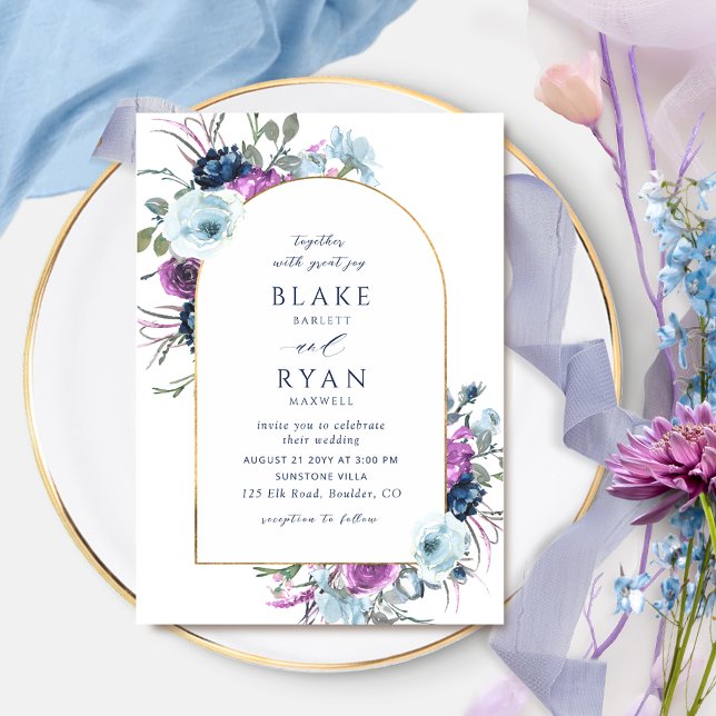 Invitación Elegante Boda de arco floral morado y azul (Subido por el creador)