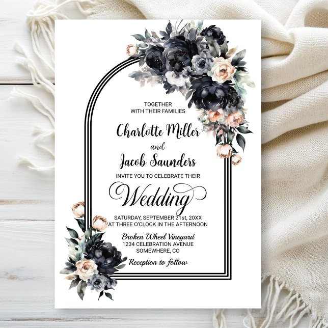 Invitación Elegante Boda de arco floral negro (Subido por el creador)