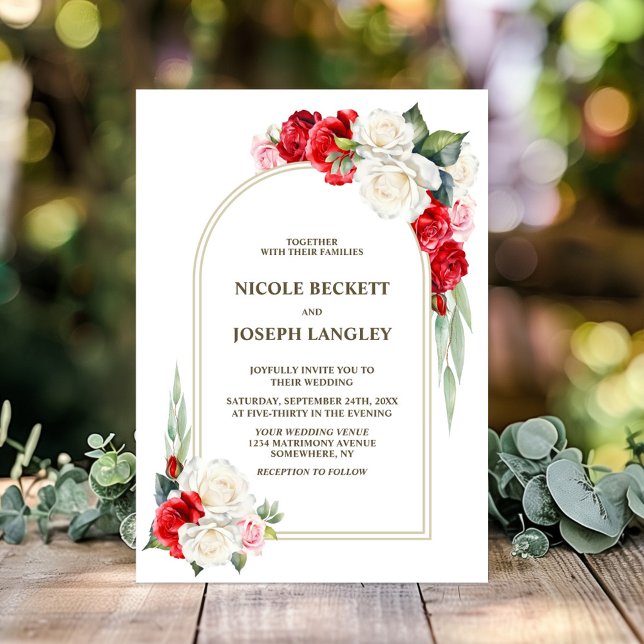 Invitación Elegante Boda de arco floral rosa blanca roja (Subido por el creador)