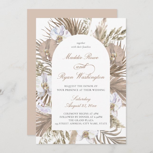 Invitación Elegante Boda de Arco Floral Rosa y Tan Boho Pampa (Anverso / Reverso)