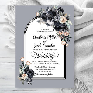 Invitación Elegante Boda de Arco Gris Floral Negro