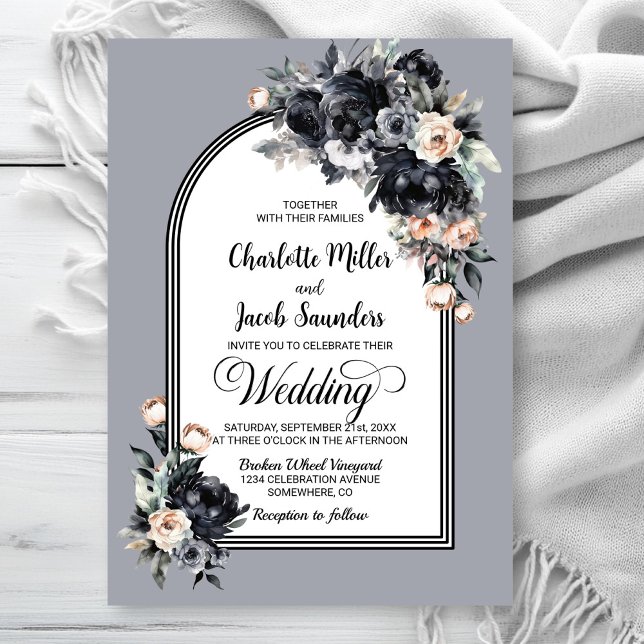 Invitación Elegante Boda de Arco Gris Floral Negro (Subido por el creador)