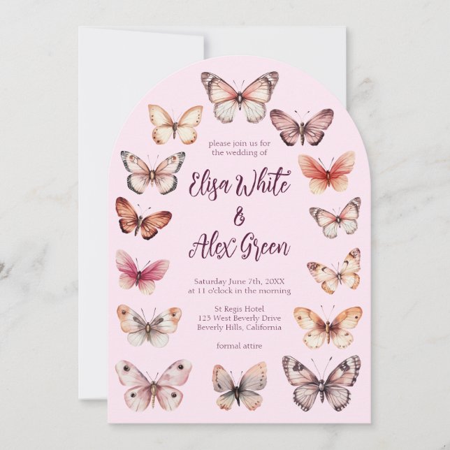 Invitación Elegante Boda de Arco PERSONALIZADO de Mariposas (Anverso)