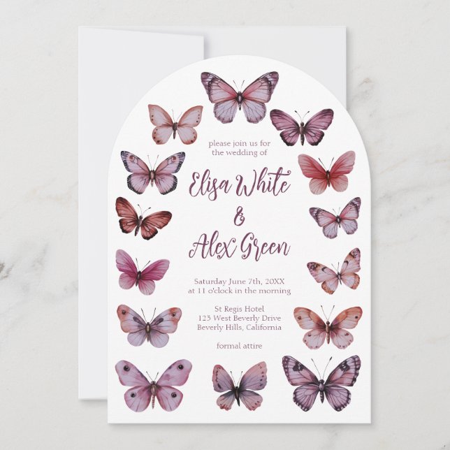 Invitación Elegante Boda de Arco PERSONALIZADO de Mariposas (Anverso)