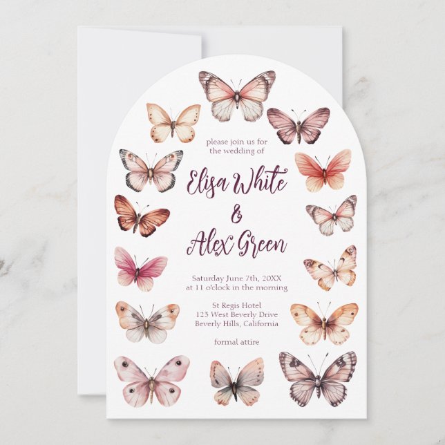 Invitación Elegante Boda de Arco PERSONALIZADO de Mariposas (Anverso)