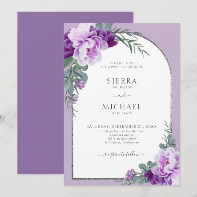 Invitación Elegante Boda de arco plateado con flor morado (Anverso / Reverso)