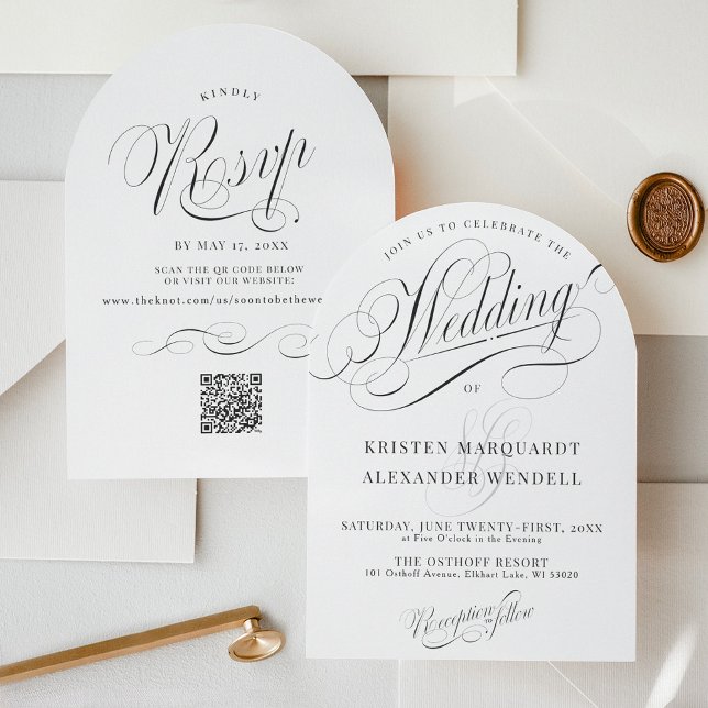 Invitación Elegante Boda de arco sencillo blanco y negro mode (Elegant simple minimalist script typography classic ivory and black QR code rsvp wedding invitation)
