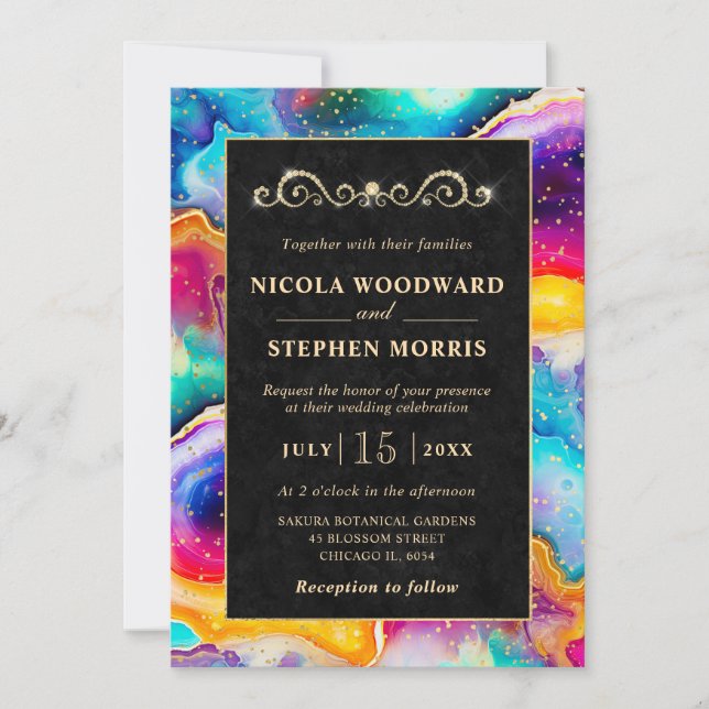 Invitación Elegante Boda de arcoiris con marco dorado (Anverso)