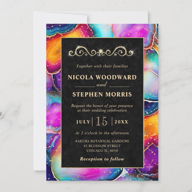 Invitación Elegante Boda de arcoiris con marco dorado (Anverso)