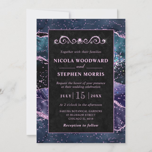 Invitación Elegante Boda de arcos dorados morado y azul agado (Anverso)