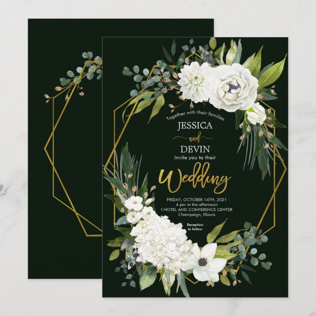 Invitación Elegante Boda de armazón dorado con flores blancas (Anverso / Reverso)